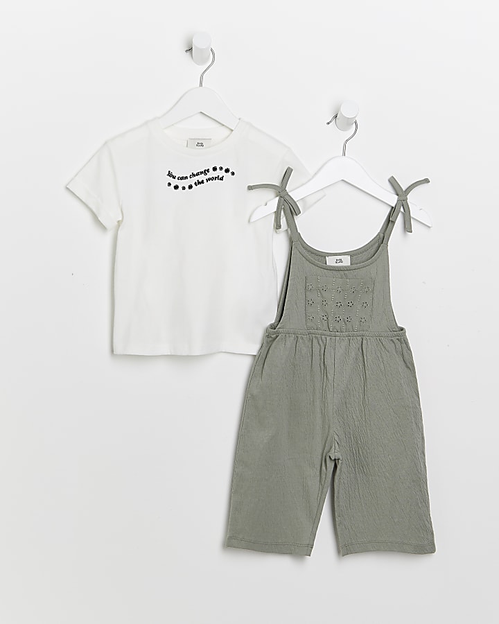Mini girls green t-shirt and jumpsuit outfit