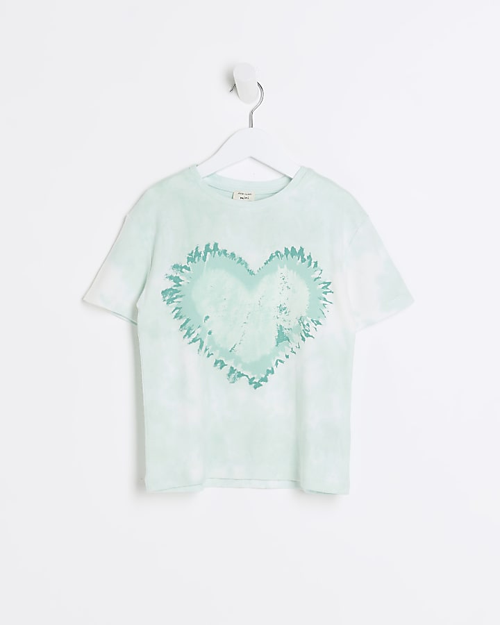 Mini girls green tie dye heart t-shirt