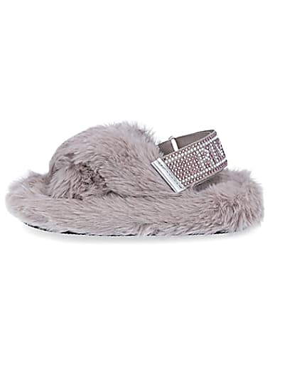 360 degree animation of product Mini girls grey crossover diamante slippers frame-3
