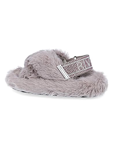 360 degree animation of product Mini girls grey crossover diamante slippers frame-4