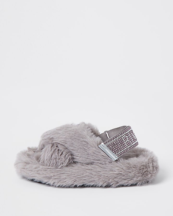 Mini girls grey crossover diamante slippers