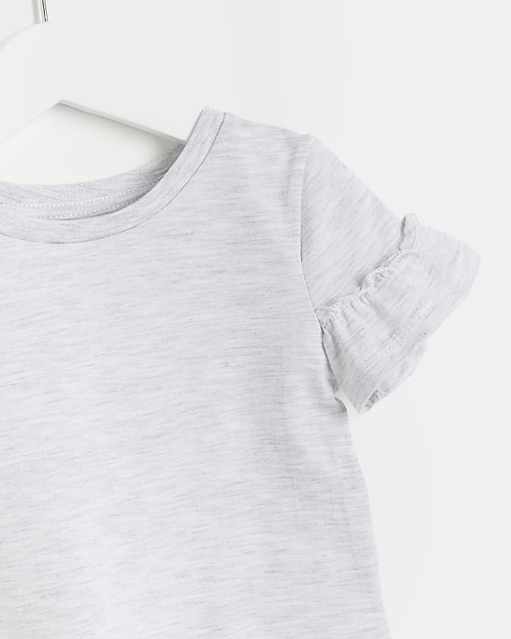 Mini girls grey embroidered frill t-shirt
