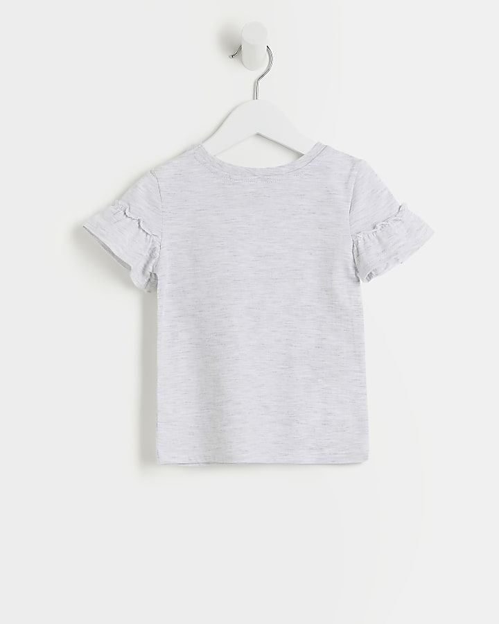 Mini girls grey embroidered frill t-shirt