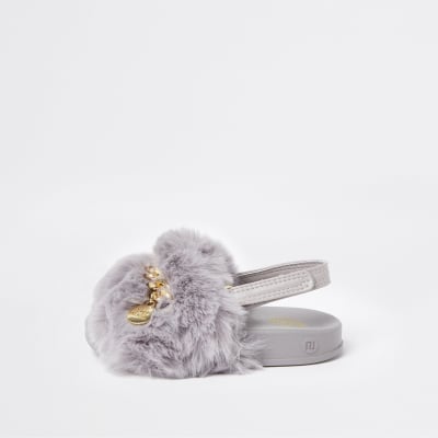 grey fur slider slippers