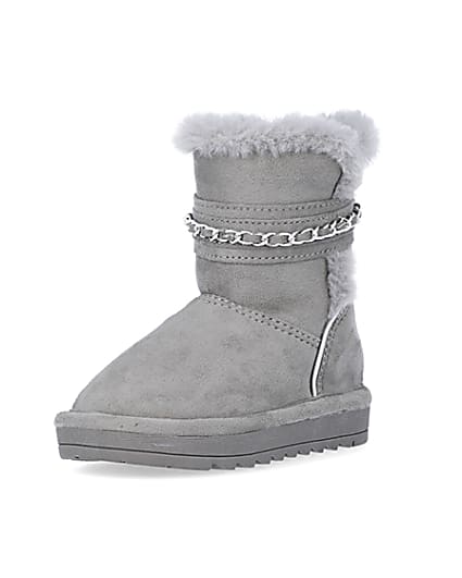 360 degree animation of product Mini Girls Grey Faux Fur Chain Strap Boots frame-0