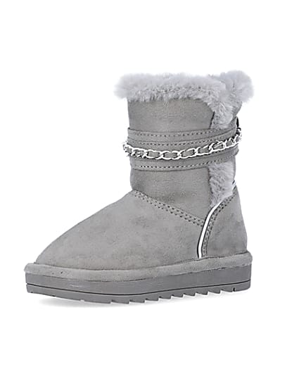 360 degree animation of product Mini Girls Grey Faux Fur Chain Strap Boots frame-1