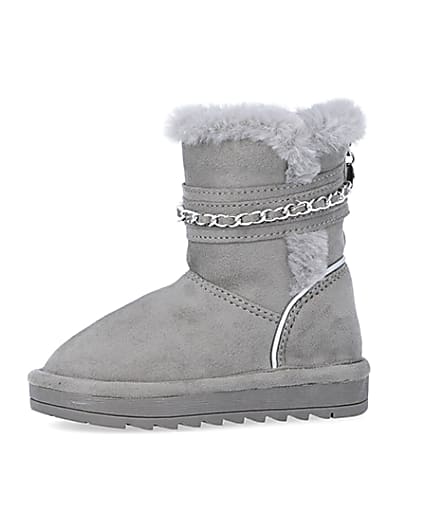 360 degree animation of product Mini Girls Grey Faux Fur Chain Strap Boots frame-2