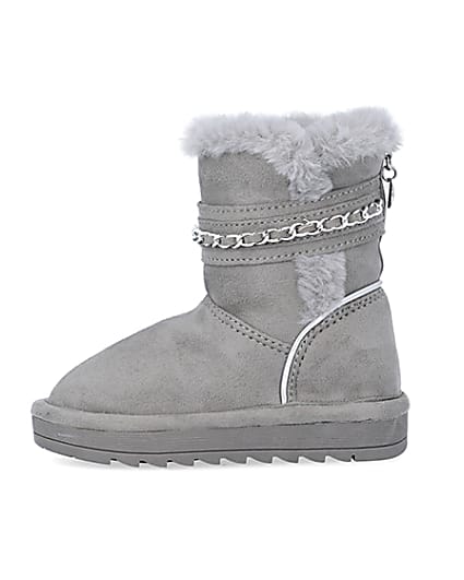 360 degree animation of product Mini Girls Grey Faux Fur Chain Strap Boots frame-3