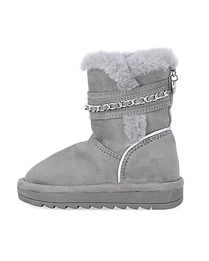 360 degree animation of product Mini Girls Grey Faux Fur Chain Strap Boots frame-4