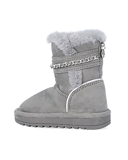 360 degree animation of product Mini Girls Grey Faux Fur Chain Strap Boots frame-5