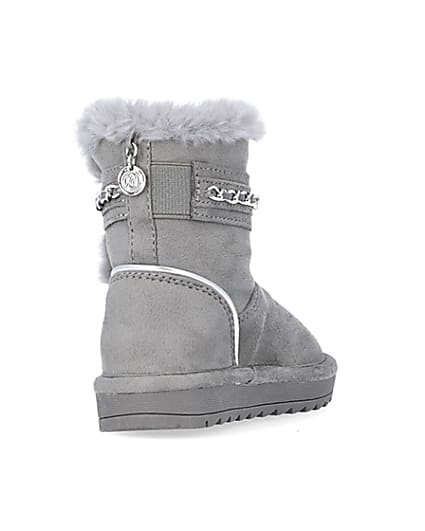 360 degree animation of product Mini Girls Grey Faux Fur Chain Strap Boots frame-11