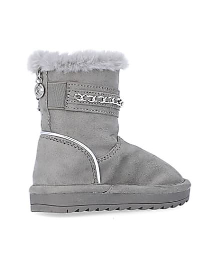 360 degree animation of product Mini Girls Grey Faux Fur Chain Strap Boots frame-13