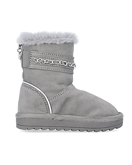 360 degree animation of product Mini Girls Grey Faux Fur Chain Strap Boots frame-15