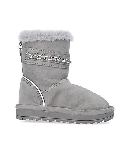 360 degree animation of product Mini Girls Grey Faux Fur Chain Strap Boots frame-16