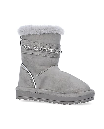 360 degree animation of product Mini Girls Grey Faux Fur Chain Strap Boots frame-17