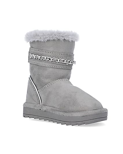 360 degree animation of product Mini Girls Grey Faux Fur Chain Strap Boots frame-18