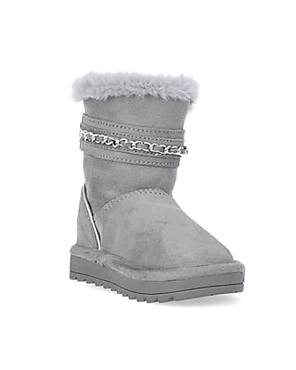 360 degree animation of product Mini Girls Grey Faux Fur Chain Strap Boots frame-19