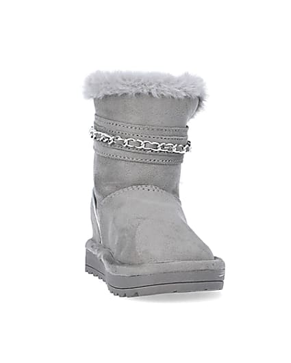 360 degree animation of product Mini Girls Grey Faux Fur Chain Strap Boots frame-20