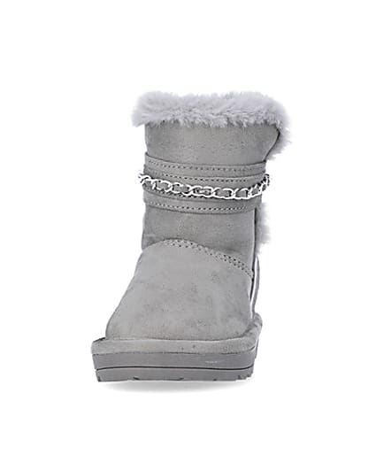 360 degree animation of product Mini Girls Grey Faux Fur Chain Strap Boots frame-22