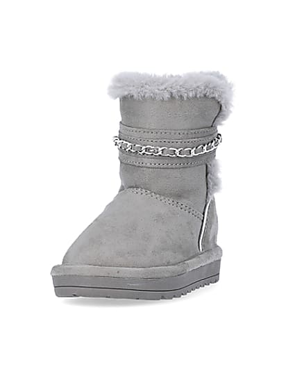 360 degree animation of product Mini Girls Grey Faux Fur Chain Strap Boots frame-23