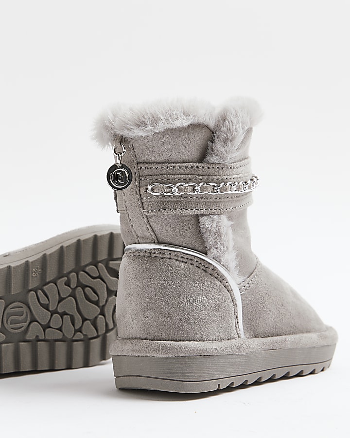 Mini Girls Grey Faux Fur Chain Strap Boots