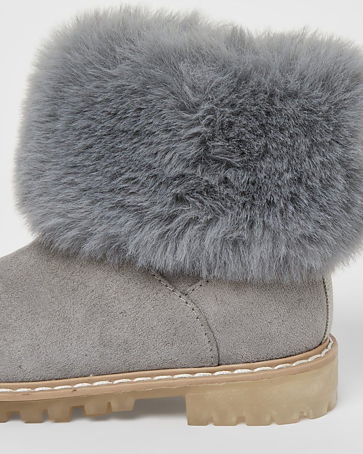 Mini girls grey faux fur collar ankle boots