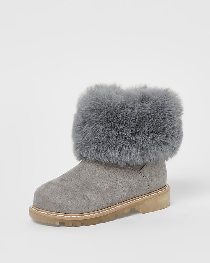 Mini girls grey faux fur collar ankle boots