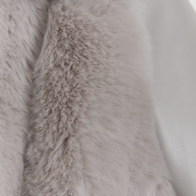 Mini girls grey faux fur wrap coat | River Island