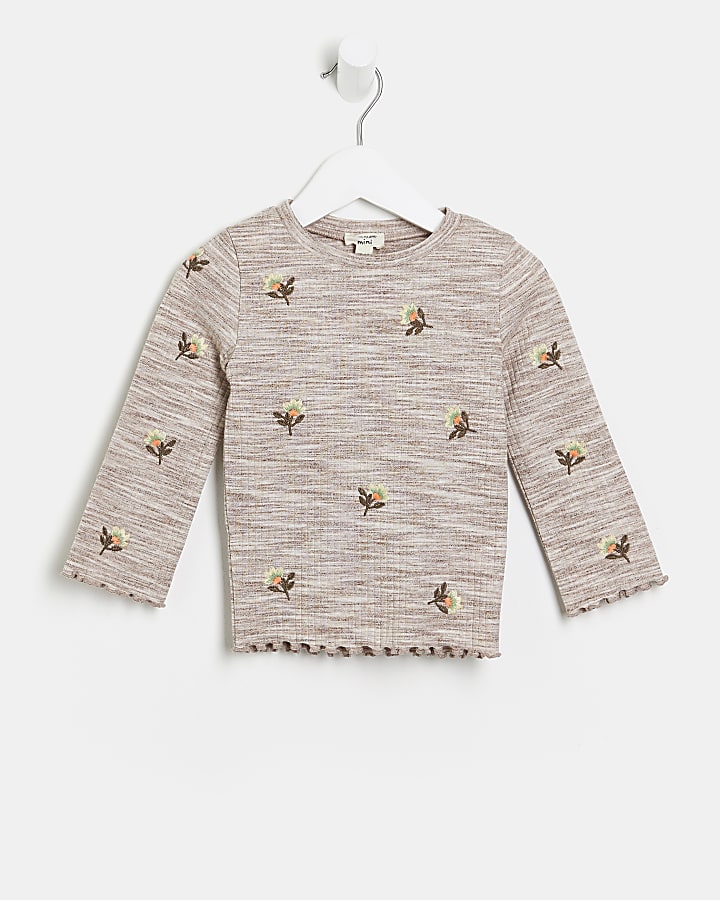Mini girls grey floral embroidery top