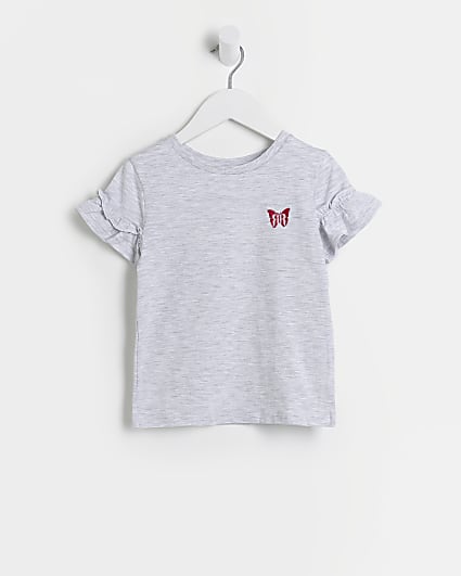 Mini Girls grey Frill Embroidered t-shirt