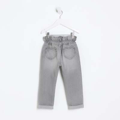 Mini girls grey heart pocket paperbag jeans | River Island