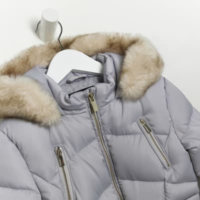 Mini girls grey hooded puffer coat