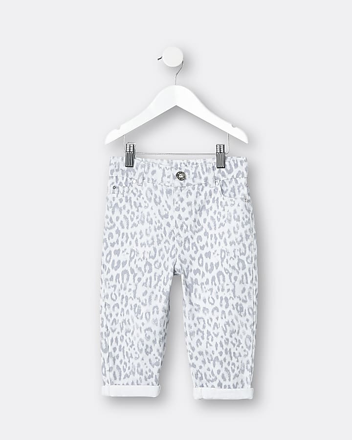 Mini girls grey leopard print mom jeans