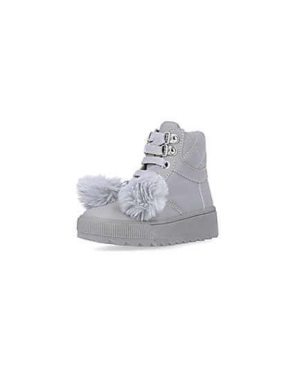 360 degree animation of product Mini girls Grey Pom Pom High Top Boots frame-0
