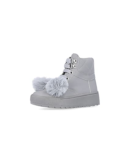 360 degree animation of product Mini girls Grey Pom Pom High Top Boots frame-1