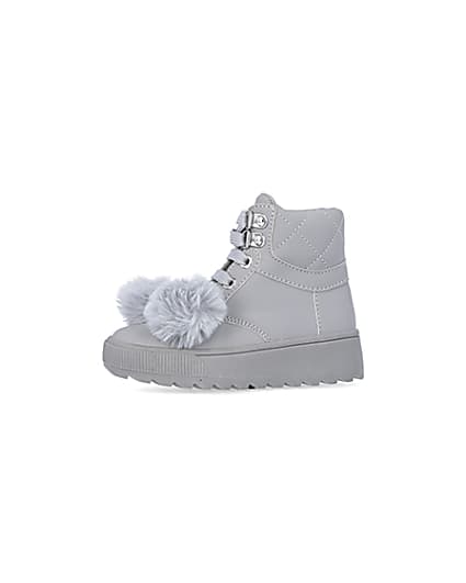 360 degree animation of product Mini girls Grey Pom Pom High Top Boots frame-2