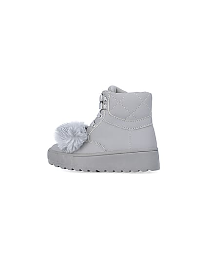 360 degree animation of product Mini girls Grey Pom Pom High Top Boots frame-4