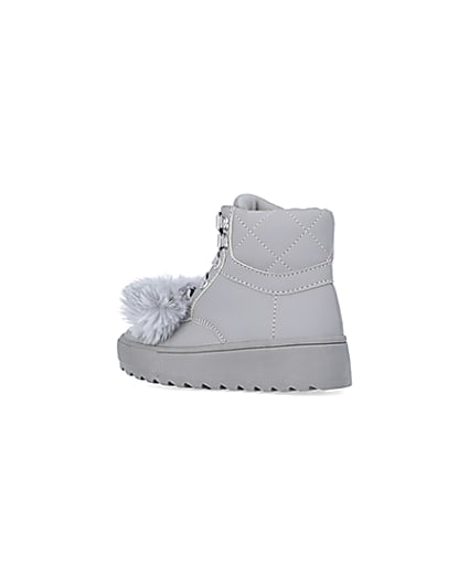 360 degree animation of product Mini girls Grey Pom Pom High Top Boots frame-5