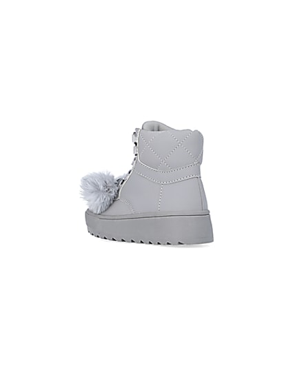 360 degree animation of product Mini girls Grey Pom Pom High Top Boots frame-6