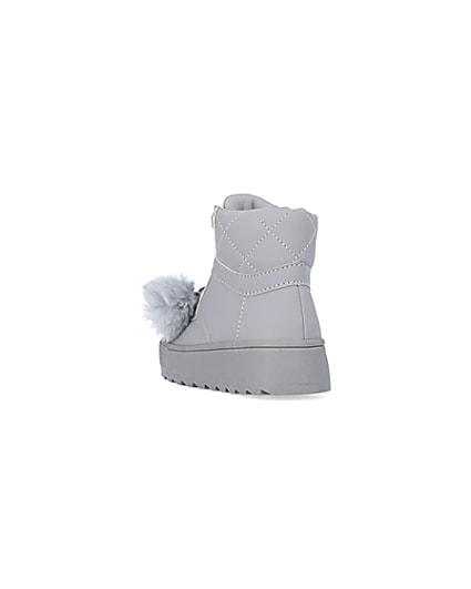 360 degree animation of product Mini girls Grey Pom Pom High Top Boots frame-7