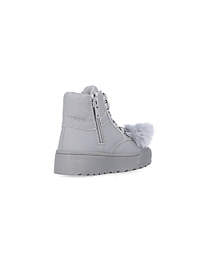 360 degree animation of product Mini girls Grey Pom Pom High Top Boots frame-12