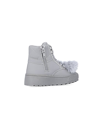 360 degree animation of product Mini girls Grey Pom Pom High Top Boots frame-13