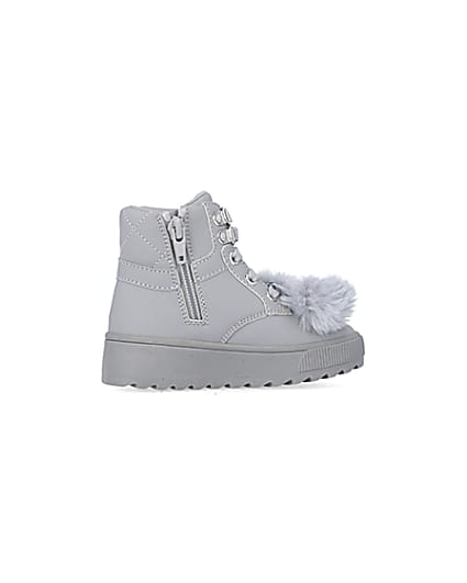 360 degree animation of product Mini girls Grey Pom Pom High Top Boots frame-14
