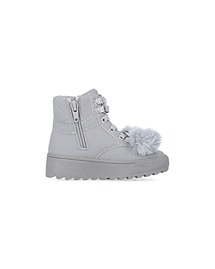 360 degree animation of product Mini girls Grey Pom Pom High Top Boots frame-15