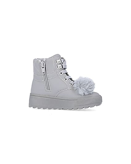360 degree animation of product Mini girls Grey Pom Pom High Top Boots frame-16