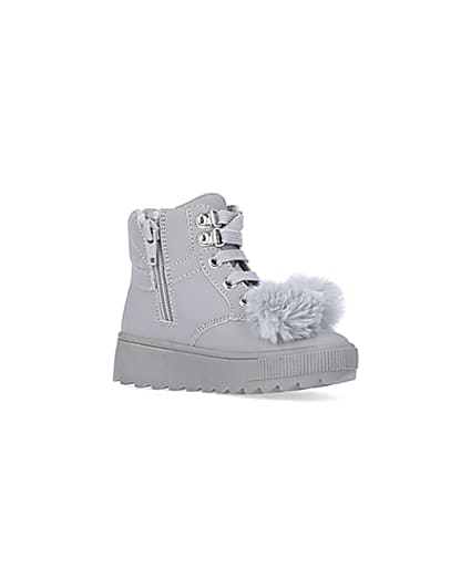 360 degree animation of product Mini girls Grey Pom Pom High Top Boots frame-17