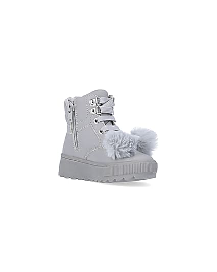 360 degree animation of product Mini girls Grey Pom Pom High Top Boots frame-18