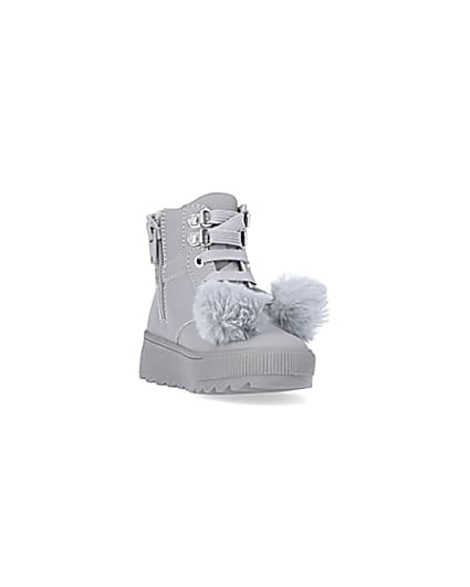 360 degree animation of product Mini girls Grey Pom Pom High Top Boots frame-19