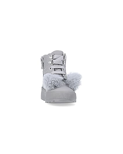360 degree animation of product Mini girls Grey Pom Pom High Top Boots frame-20
