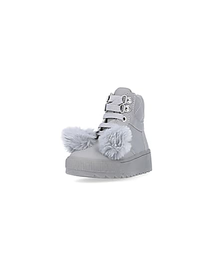 360 degree animation of product Mini girls Grey Pom Pom High Top Boots frame-23